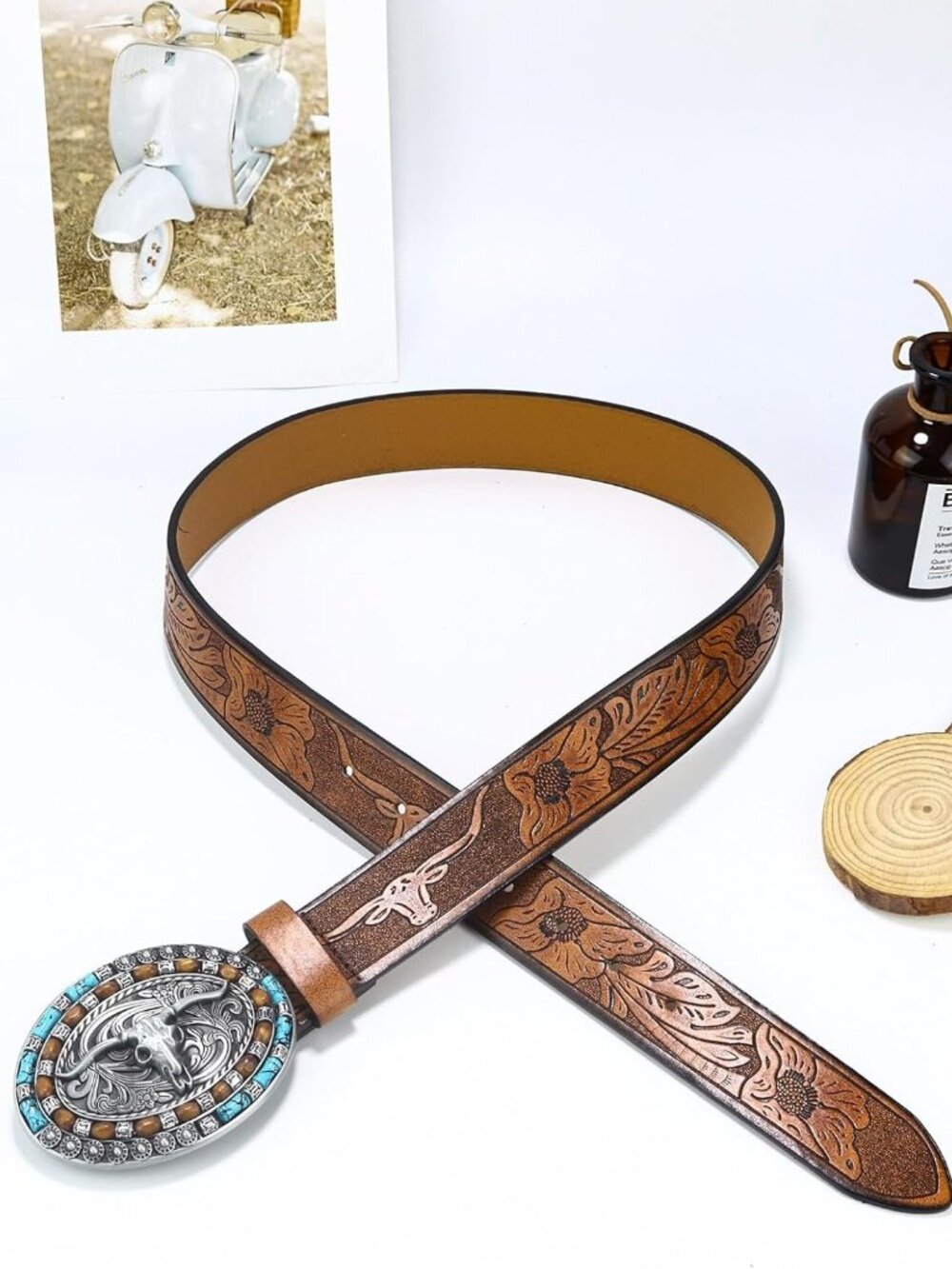 Women's Brown Western Pu Leather Longhorn Bull Turquoise Embossed Buckle Belt - Picture 6 of 7